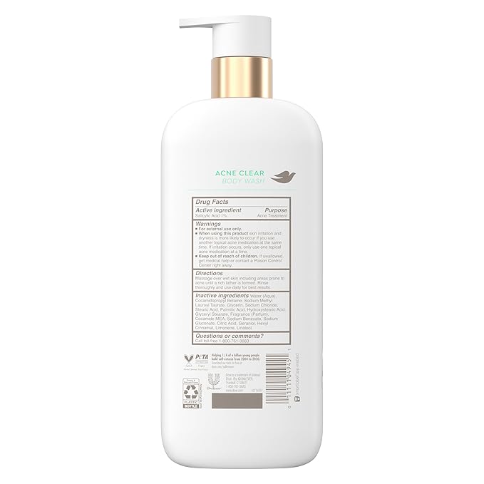 Dove Serum Body Wash Acne Clear for troubled skin with Salicylic Acid 18.5 Fl Oz (Pack of 4)