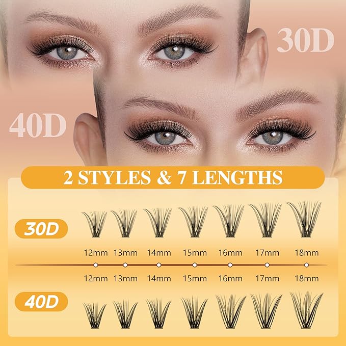 QUEWEL Lash Clusters Kit, 280 Pcs Lash Clusters 30D 40D 12-18mm Thin Band Lashes Clusters Natural Look Eyelash Extension Kit With Lashes Bond Seal Eyelashes Tweezers (LSTZ-30D+40D)