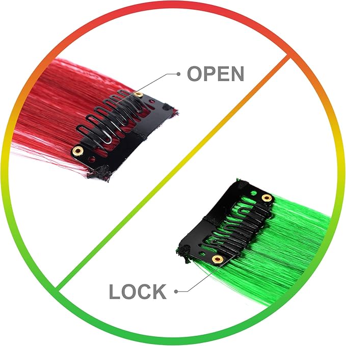 Colored Hair Extensions 10 PCS, Colorful Party Highlights Clip in Long Synthetic Hairpieces, Red and Green Hair Extensions for Girls Women Kids Cosplay Gifts 22 Inch