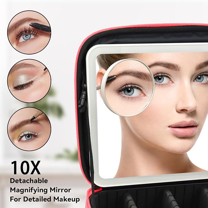 SLUMAZI Travel Makeup Bag with LED Mirror and 10x magnifying glass with 3 Lighted Settings, Adjustable Dividers and Makeup Brush Storage Bag Light Red