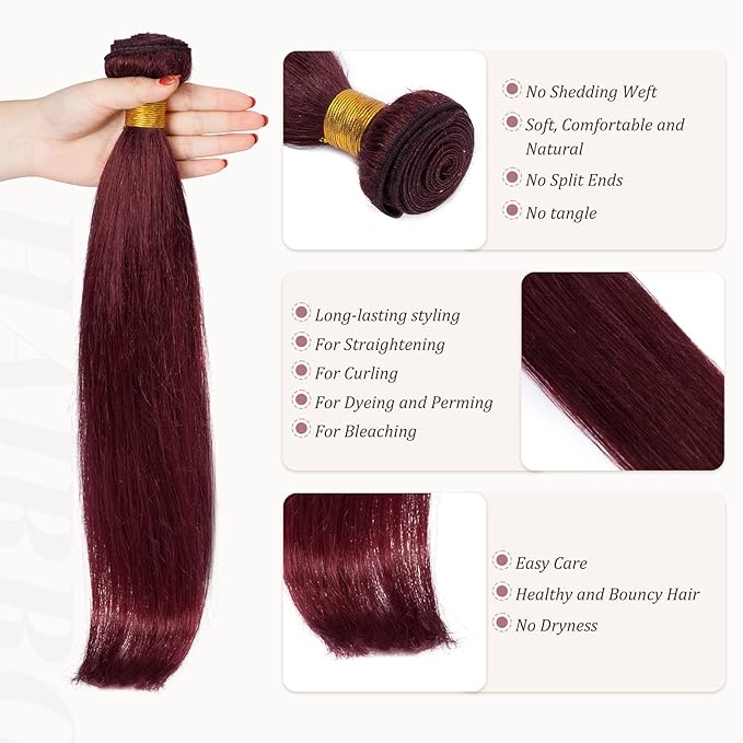 Hairro Sew in Hair Extensions Real Human Hair, 100g/bundle Weave Weft for Women Adding Volume and Length, for DIY Beauty Dating Party, 20 Inch One Bundle Straight #99J Wine Red