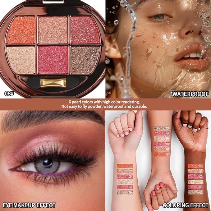 Shimmer Glitter Metallic Mini Eyeshadow Palette – 6-Color Warm Coral Peach Pink Eye Shadow, High Pigment Long-Lasting Waterproof Nude & Glam Eye Makeup Palette for Soft Glam, Daily Wear & Party Looks