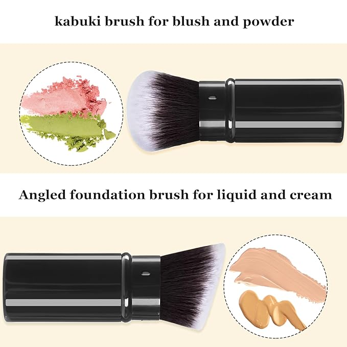 Keriloo Retractable Kabuki Makeup Brush, 2 Pack Travel Angled Powder Foundation Blush Brush Set for Blending Liquid, Bronzer, Buffing, Concealer, Blush, Highlighter, Flawless Cosmetics