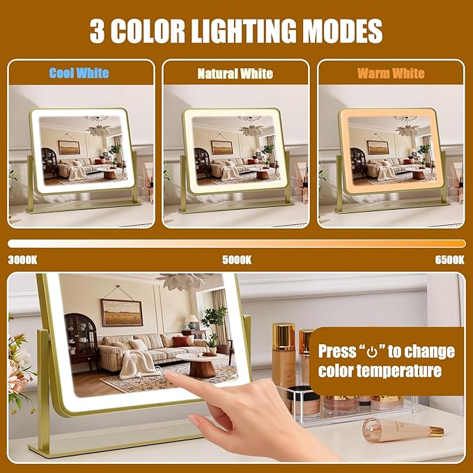 Vanity Mirror with Lights, 14"×12" LED Makeup Mirror, HD Professional Mirror, Smart Touch with 3-Color Lighting, Dimmable, 360° Rotation, Lighted Up for Makeup Desk, Bedroom (Gold)