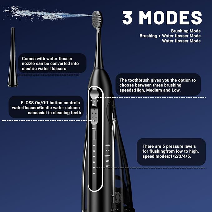 Becoolpet Electric Toothbrush with Water Flosser,Portable Flossing Toothbrush White 8 Mode,IPX8 Waterproof,Equipped Brush Head and Nozzle,for Travel and Home-Black