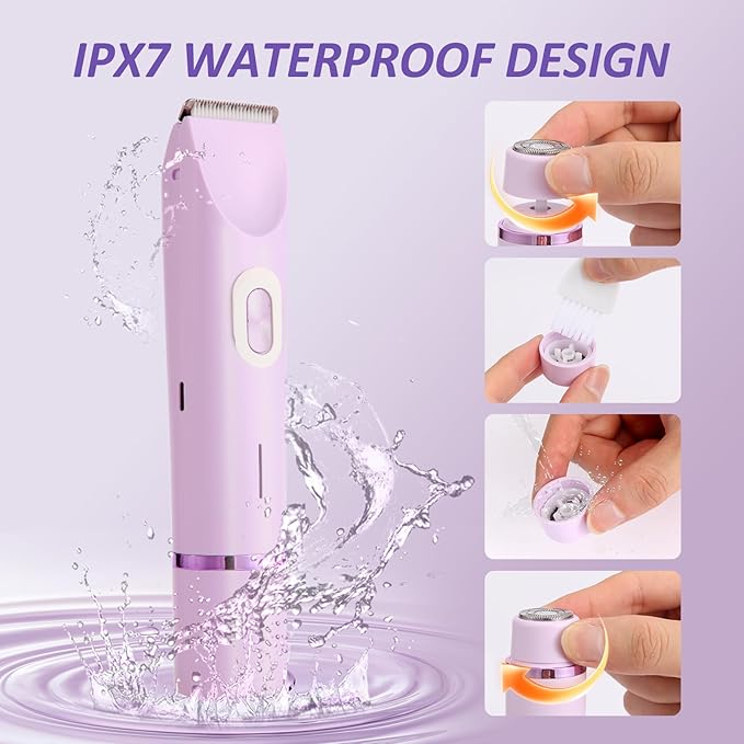 Bikini Trimmer for Women, 2-in-1 Electric Razor for Women, Cordless Electric Shaver Type-C with Cable, Bikini Trimmer for Body, Face, Underarm, Hypoallergenic, Wet & Dry Use, Waterproof