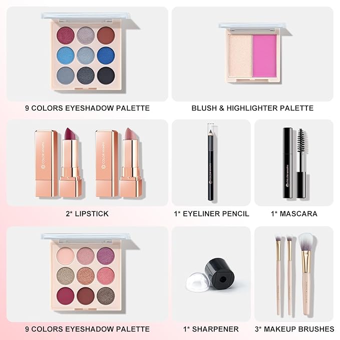 Color Nymph Makeup Kit For Teens Girls, All In One Girls Makeup Sets with Cosmetic Pink Makeup Bag Includes 18 Color Eyeshadow Palette Blush Lipstick Lip Pencil Eye Pencil Brush Mascara