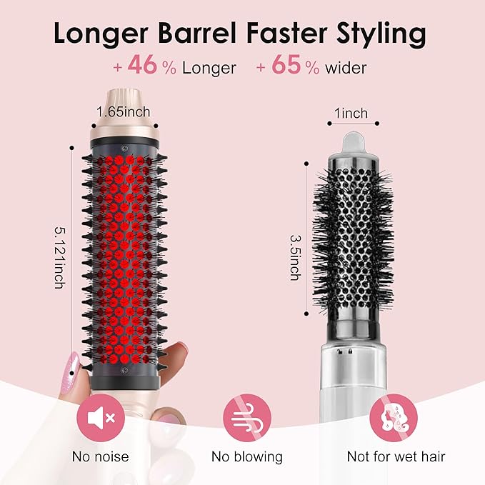 Infrared Thermal Brush, 1.65 inch Heated Round Brush for Blowout Look, Dual Voltage, Negative Ion Thermal Hair Tools, 6 Temperature, No Damage, Pink Gifts for Women