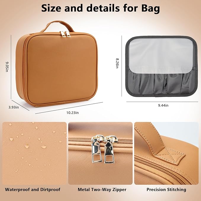 SLUMAZI Travel Makeup Bag with LED Mirror Travel Makeup Organizer with 3 Lighted Settings, Adjustable Dividers and Makeup Brush Storage Bag Orange-Brown