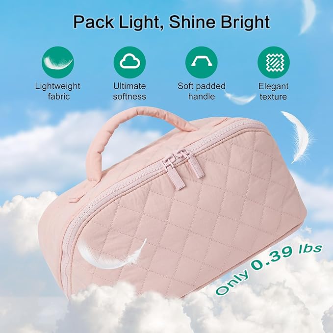 RunaFun Travel Makeup Bag for Women, Puffer Quilted Open Flat Makeup Organizer with Toiletry Bag, Portable Cosmetic Case for Travel & Daily Use，Pink