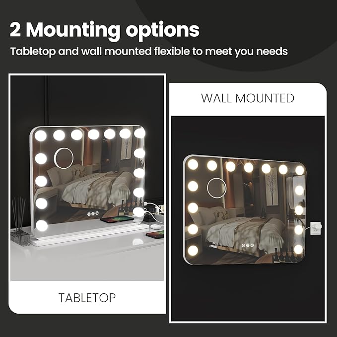 Vanity Mirror with Lights, 23"×18" Hollywood Vanity Mirror with Lights 15 Dimmable LED Bulbs, 3 Color Modes, 10X Magnification, USB Charging Port, Tabletop or Wall-Mounted (White, 23 * 18)