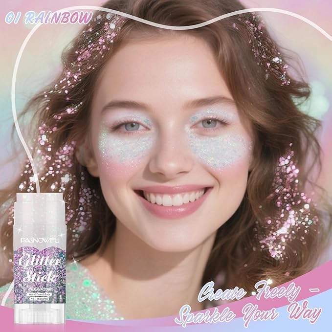 Rainbow Body Glitter Stick, Gel Formula Face and Hair Glitter for Women and Girls, Multi-Use Festival Concert Party Makeup for Stage Performance Cosplay Costume Events
