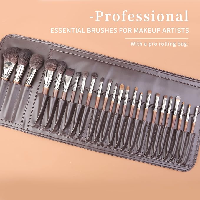 ENZO KEN Deluxe Natural Goat Hair Makeup Brush Set with Case, 24 Cosmetic Brushes Makeup Set, Wooden Natural Makeup Brushes, Natural Bristle Makeup Brush, Natural Hair Makeup Brushes Set Professional.