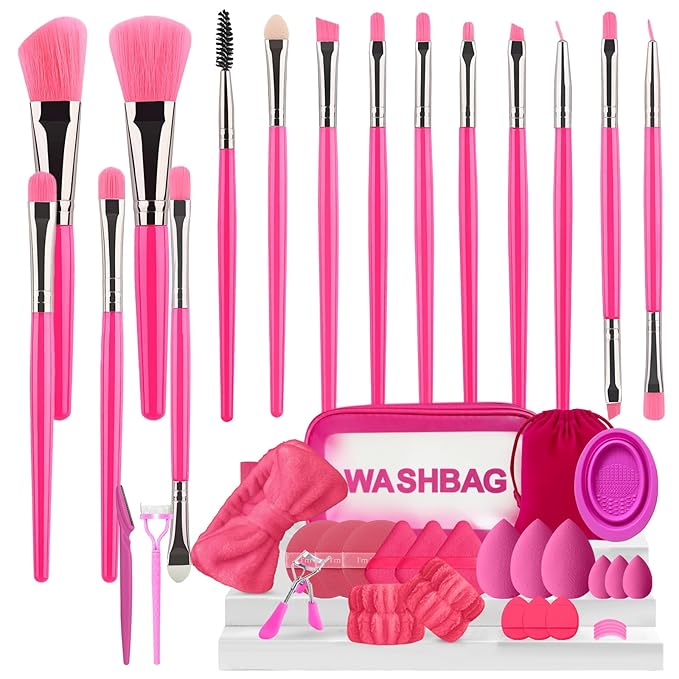 GZIXBDA Makeup Brush Set, 43Pcs Makeup Tool Set Premium Synthetic Foundation Concealers Powder Eye Shadows Makeup Brushes Kit for for Beginner Professional, Rose Pink