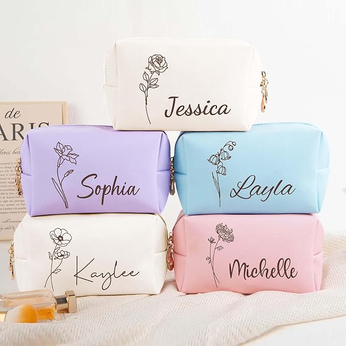 Fincekoom Valentines Day Gifts for Her Teen Girls, Personalized Makeup Bag with Name & Birth Flower, Custom Leather Cosmetic Bags for Women, Customized Travel Toiletry Bag Gifts for Bridesmaid Wedding