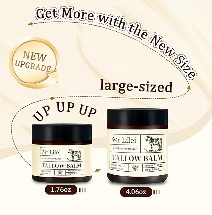 Beef Tallow for Skin, Grass-Fed Beef Tallow Balm, Beef Tallow Cream, Face & Body Moisturizer Restores Skin Barrier, Soothes Dry Sensitive Skin, Beef Tallow Honey Balm Whipped with Beeswax & Olive Oil