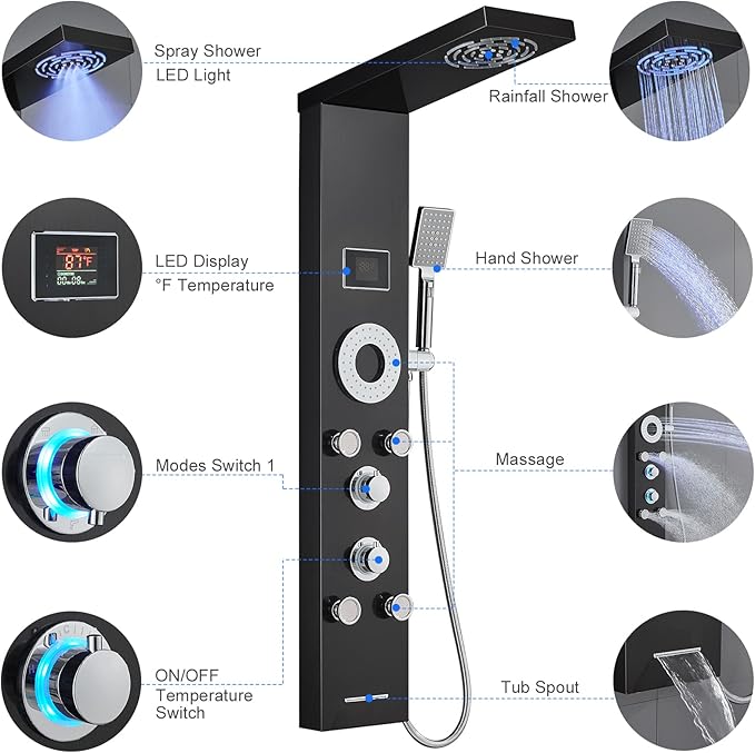 TSIBOMU LED Shower Panel Tower System, 304 Stainless Steel Bathroom Shower Tower with 3 Body Massage Jets, Shower Column Wall Mounted