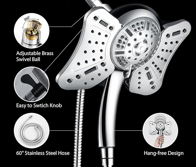 GRICH 1.8GPM Shower Head with Handheld Spray Combo: 2 in 1 Rainfall Shower Heads high pressure & Handheld Shower Head, 9 Spray Modes/Settings Detachable Shower Head with 60 Inch Hose, Chrome