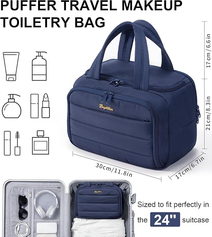 Bagstellar Travel Toiletry Bag, Lightweight Wide-open Large Puffy Toiletry Bag for Women, Quilted Makeup Bag Organizer Water-resistant Cosmetic Bag with Handle for Toiletries, Essentials, Accessories