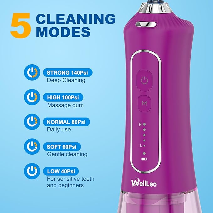 WellLeo Water Flosser for Teeth, 300ML Cordless Oral Irrigator Rechargeable Dental Flosser Picks with 5 Modes 5 Jet Tips,IPX7 Waterproof Teeth Cleaner for Braces Gum Care, Home Travel Use