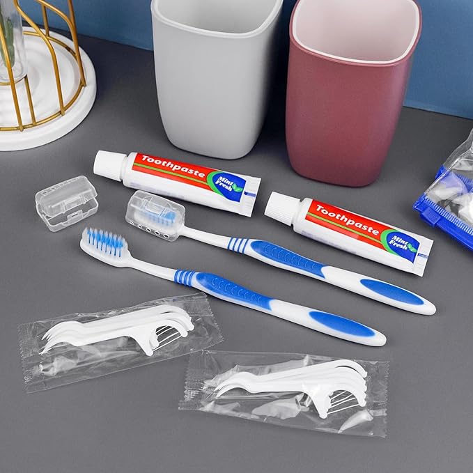Disposable Toothbrushes with Toothpaste Individually Wrapped,Travel Kit with Plastic Zip Bag,Toothbrush Head Cover, Floss Pick,25gram Toothpaste,Bulk Toothbrush for Homeless,Travel,Hotel(100)