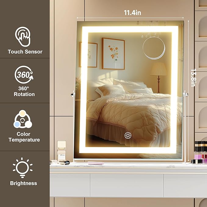 Hasipu Vanity Mirror with Lights, 11.4" x 13.8" LED Makeup Mirror, 3 Color Modes Touch Control and Brightness Adjustment Lighting Mirror, 10X Magnifying Glass, 360° Rotation