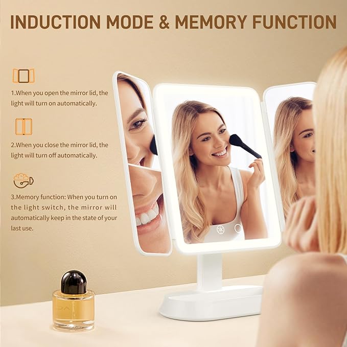Vanity Mirror with Lights - Rechargeable Lighted Makeup Mirror | 1X/3X/5X Magnification, Smart Touch, 3 Colors Dimmable | Portable Trifold Mirror for Travel - Valentines Day Gifts for Her