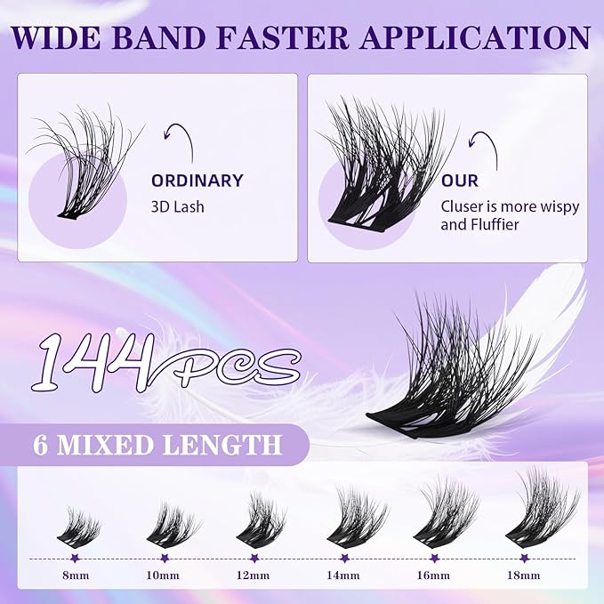B&Q Lash Clusters Fluffy Wispy Voluminous - 144 PCS Feath5D 01 Layered Individual Cluster Lashes, Feathered Lightweight Eyelash Extensions in 8-18mm, C Curl, Waterproof False Lashes