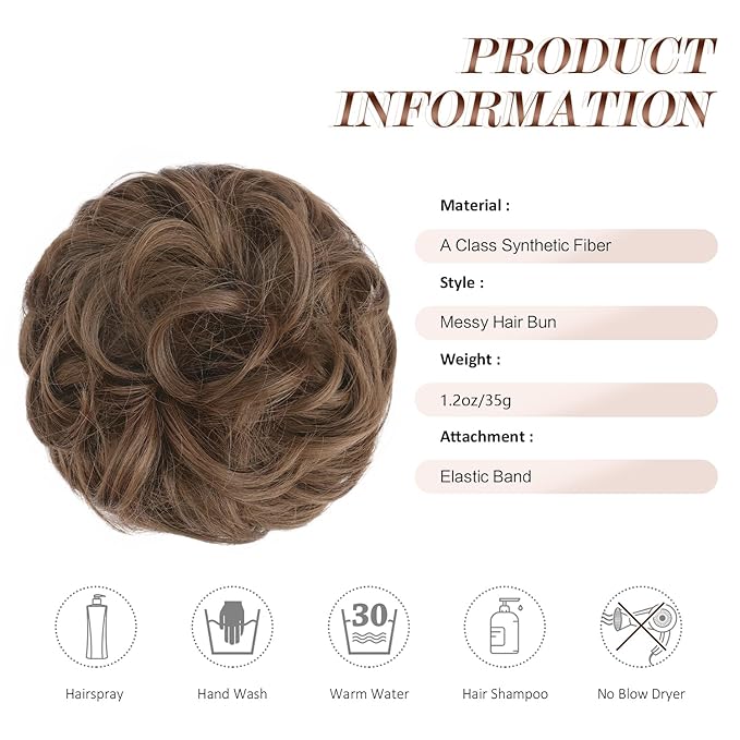 FESHFEN Messy Bun Hair Piece - Wavy Synthetic Chignon Scrunchies for Instant Volume, Elastic Bun Ponytail Hair Extensions Thick Hairpieces for Women, Golden Brown 1.50 oz
