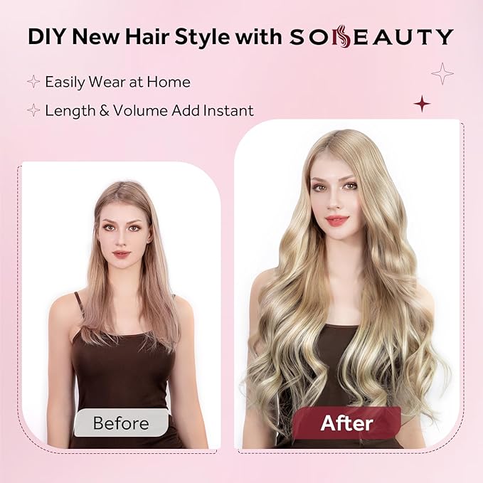 Clip in Hair Extensions Real Human Hair, Silky Remy Hair Extensions Clip Ins, Salon Quality Natural Human Hair, Light Blonde Highlighted Golden Blonde #P16/22 20Inch 120G 7PCS