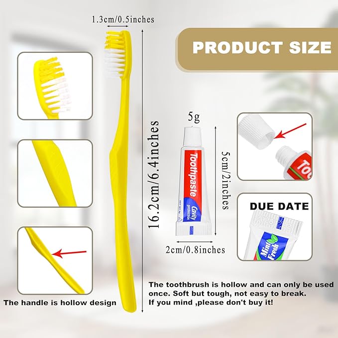 Disposable Toothbrushes with Toothpaste,30 Pack Yellow Hollow Individually Wrapped Disposable Travel Toothbrushes Kit in Bulk for Homeless,Nursing Home,Hotel,Charity