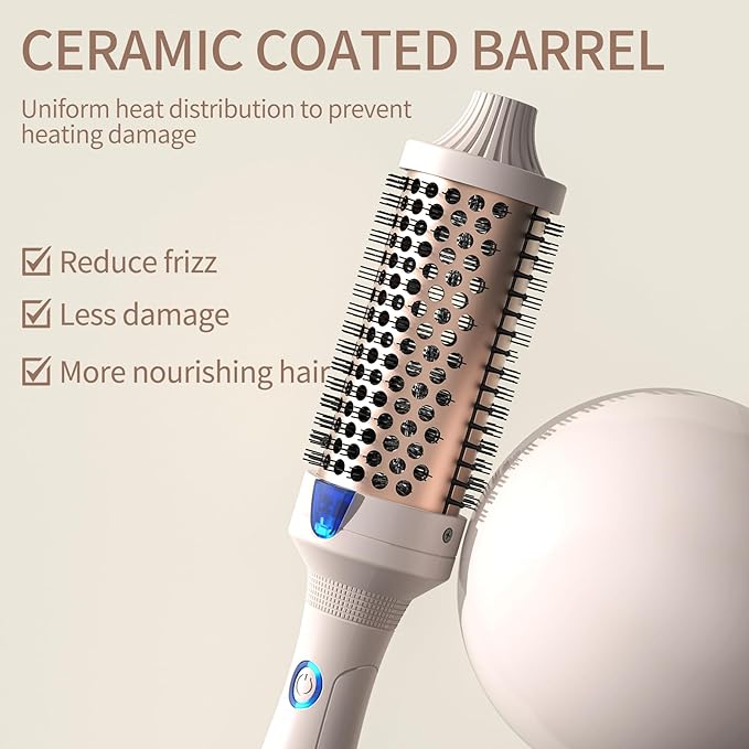 K&K 1.77 inch Volumizing Brush Heated Curling Ceramic Tourmaline Ionic Curling Iron Quick Heating Makes Hair Silky Smooth Dual Voltage Travel-Friendly Straightening Round Design (Pale pink, 1.77 Inch)