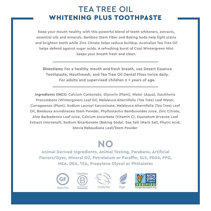 Desert Essence Tea Tree Oil Whitening Plus Toothpaste - 6.25 Oz - Antiseptic Tea Tree Oil - Zinc Citrate - Baking Soda - Freshens Breath - Reduced Plaque - Fluoride Free
