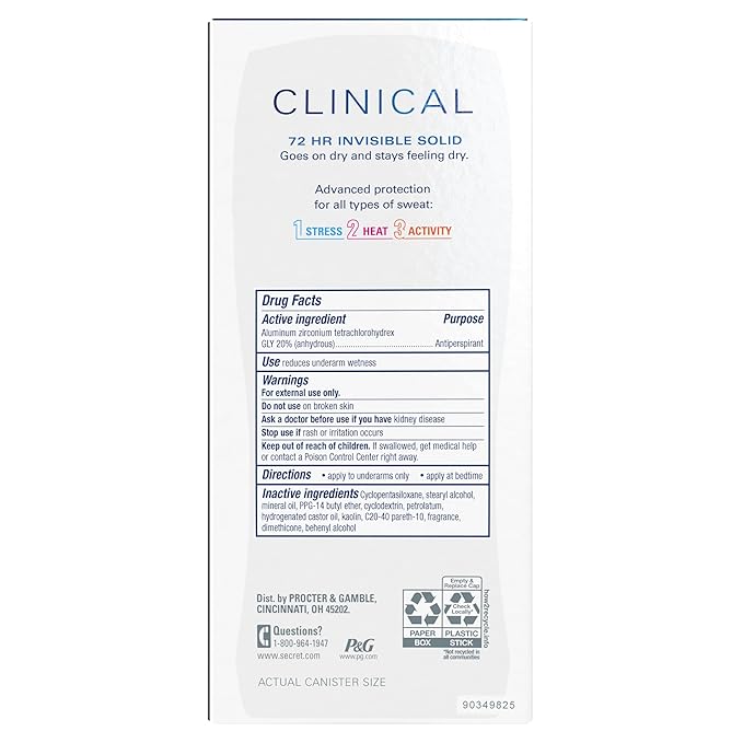 Secret Clinical Strength Antiperspirant Deodorant for Women, 100hr Sweat & Odor Protection, 3X Stress Protection with Hyaluronic Acid, PH Balanced, Invisible Solid, Completely Clean Scent, 2.6 oz