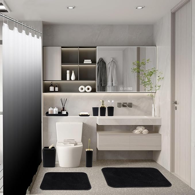 XLHOMO Bathroom Sets with Shower Curtain and Rugs,Black Bathroom Set with Bathroom Trash Can,Soap Dispenser,Toilet Brush,Toothbrush Set,Qtip Holders for Housewarming