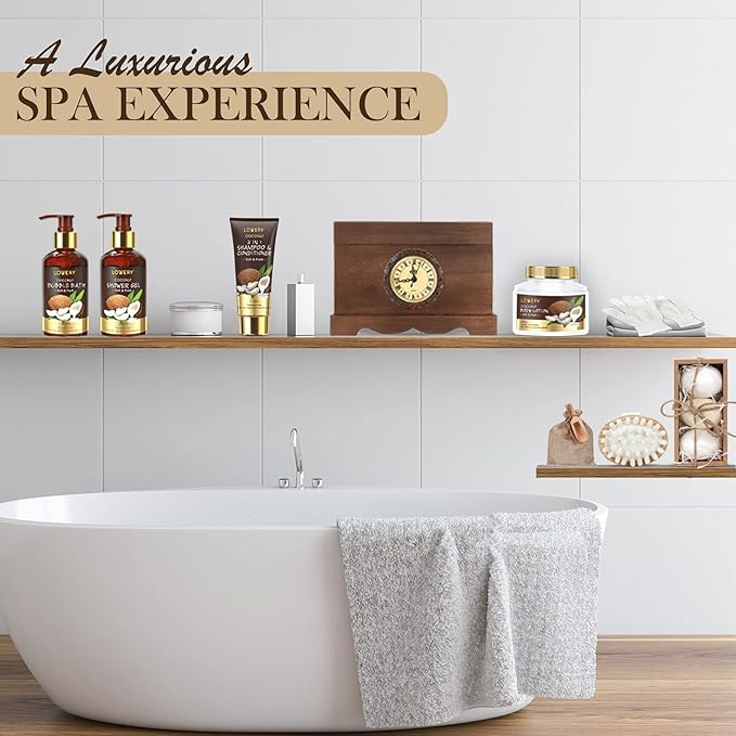 Mens Gift, Bath Set in a Vintage Style Wooden Clock Box, 13Pc Premium Coconut Spa Kit for Men & Women, Body Lotion, Handmade Soap, Bath Bomb, Coconut Shampoo & Conditioner, Massager & More