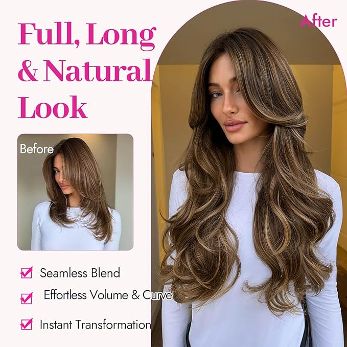Kookastyle Clip in Hair Extensions, Natural Long Layered Soft Invisible Synthetic Curly Wavy Hairpieces for Women,4 pcs(20 Inch,Balayage Dark Brown to Chestnut)
