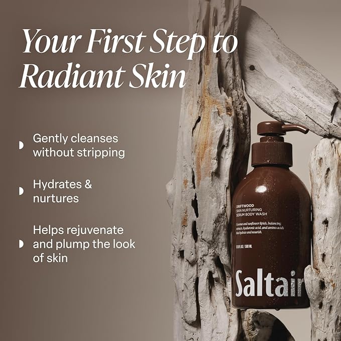 Saltair Body Wash, Driftwood 2-Pack. Moisturizing Body Cleanser with Hyaluronic Acid - Luxury Shower Gel for Women and Men. Vegan, Cruelty-Free, Paraben-Free. 2x 17oz Pump Bottles
