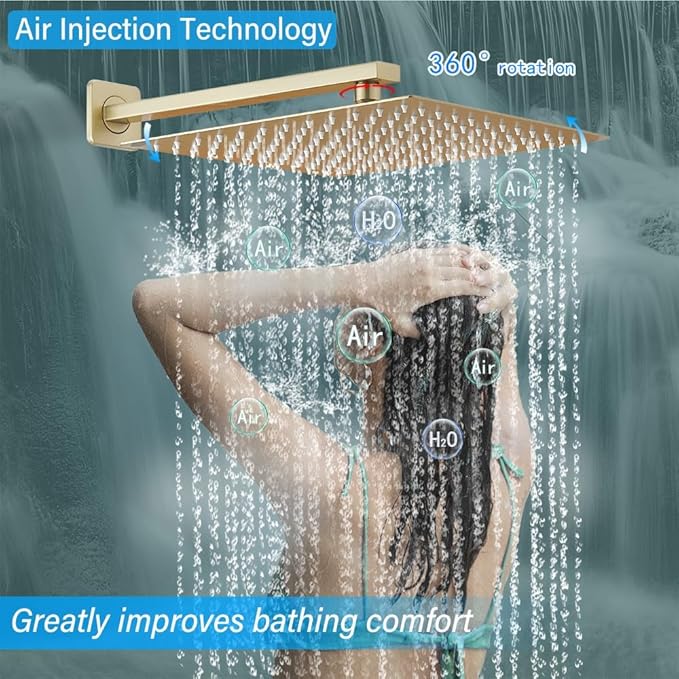YCAIKOI Shower Faucet Set Complete, Wall Mount Shower System for Bathroom 12 Inch High-Pressure Rainfall Shower with Handheld, Rough-in Valve Body and Trim Kit, Brushed Gold