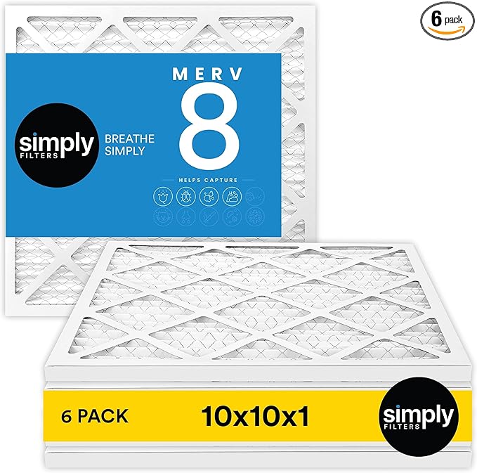 Simply 10x10x1 Air Filter, Merv 8, MPR 600, 6 Pack, Furnace Air Filter for HVAC (Actual Size: 9.75"x9.75"x0.75") DUST, Pet, & Allergy Control