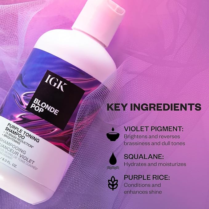IGK BLONDE POP Purple Toning Shampoo & Conditioner Set | Neutralizes Brass + Brightens Blonde | Vegan + Cruelty-Free | 8 oz (Pack of 2)