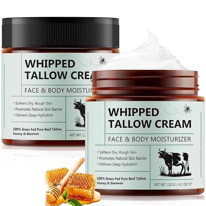 Beef Tallow for Skin, Beef Tallow Moisturizer, 8.4 oz Organic Whipped Grass Fed Beef Tallow with Honey Cream for Face & Body, Unscented