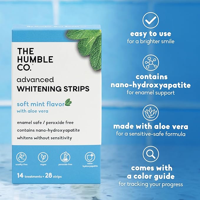 The Humble Co Advanced Teeth Whitening Strips – Sensitive Teeth Whitening Strips - Gentle Enamel Safe & Peroxide Free Tooth Whitener - Dental Oral Care Products & Essentials -14 Treatments, 28 Count