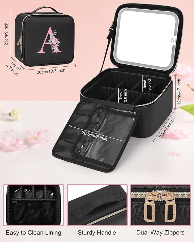 Relavel Initial Makeup Bag with LED Mirror for Women Girls, Personalized Travel Cosmetic Organizer Train Case, Birthday Gifts for Grandkids Bridesmaid Graduation Teacher Friends, Trendy Stuff, Black C