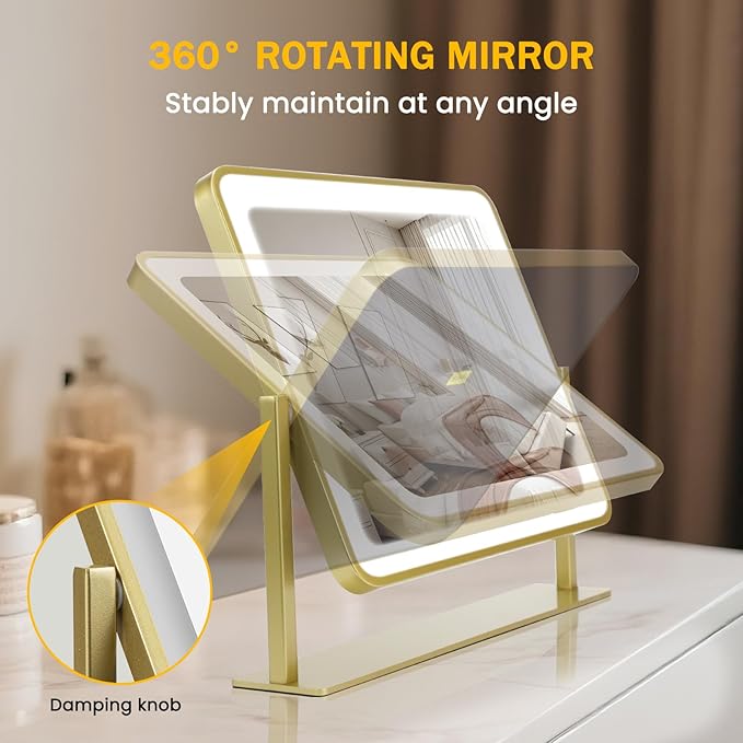 Vanity Mirror with Lights, 14"×12" LED Makeup Mirror, HD Professional Mirror, Smart Touch with 3-Color Lighting, Dimmable, 360° Rotation, Lighted Up for Makeup Desk, Bedroom (Gold)