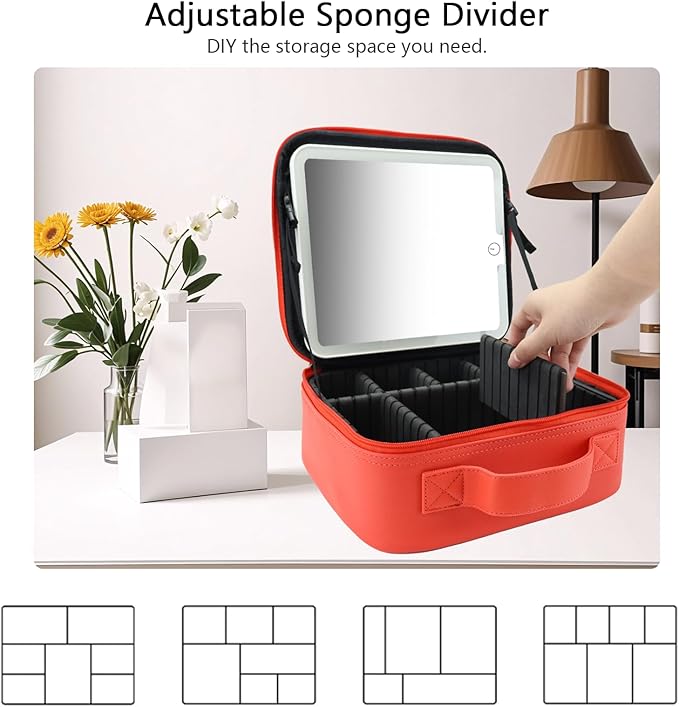 SLUMAZI Travel Makeup Bag with LED Mirror Travel Makeup Organizer with 3 Lighted Settings, Adjustable Dividers and Makeup Brush Storage Bag Red