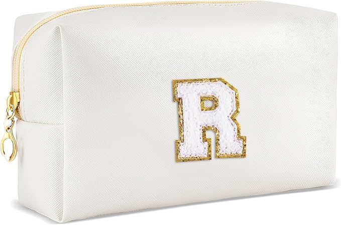 URSKYTOUS Gifts for Girls Initial Makeup Bag Personalized Cosmetic Bag with Zipper Cute Travel Toiletry Bags Waterproof PU Preppy Makeup Pouch Birthday Gift for Teen Girls Women(White R)