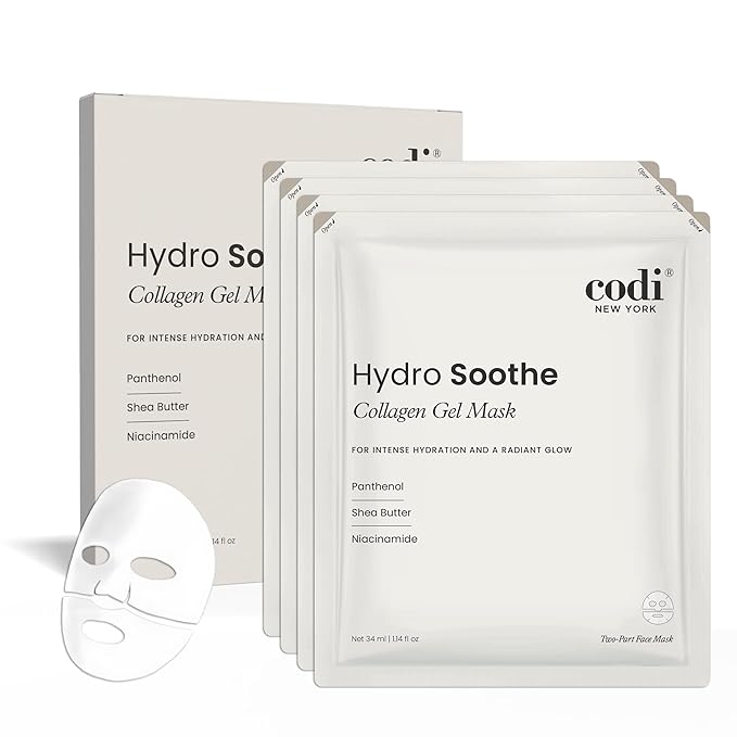 Codi New York Collagen Gel Mask, Non-Slip Breathable Micro-hole Hydrogel for Redness Relief & Glass Skin, Intense Hydration, Soothing, Moisturizing, 4 Sheets (Hydro Soothe)