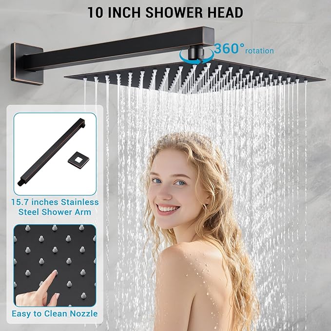 IUERASD Rain Shower Faucet Set Wall Mounted Rainfall with Tub Spout Shower Head System Rough-in Valve Body and Trim Included Oil Rubbed Bronze (10 Inches)
