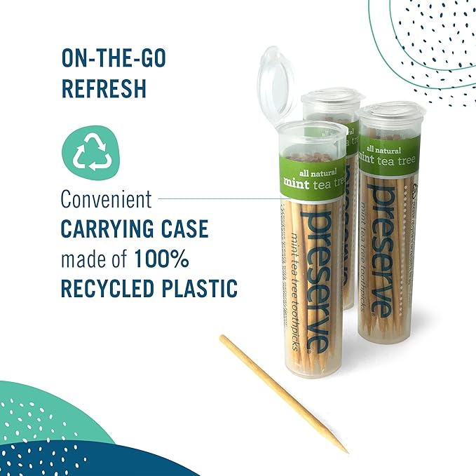 Preserve Toothpicks Refreshing Natural Mint Tea Tree Flavored Toothpicks for Fresh Breath Teeth & Gums - Sustainably Harvested Birch Wood - 3 Travel Cases (105 Picks)